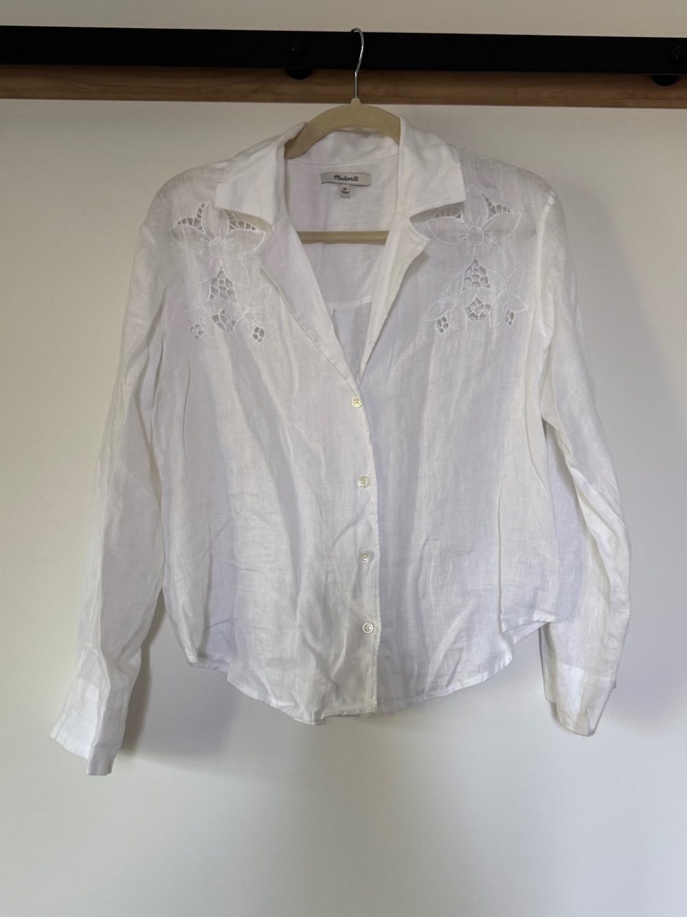 Madewell White Linen Button-Down Shirt with Floral Cutwork Yoke